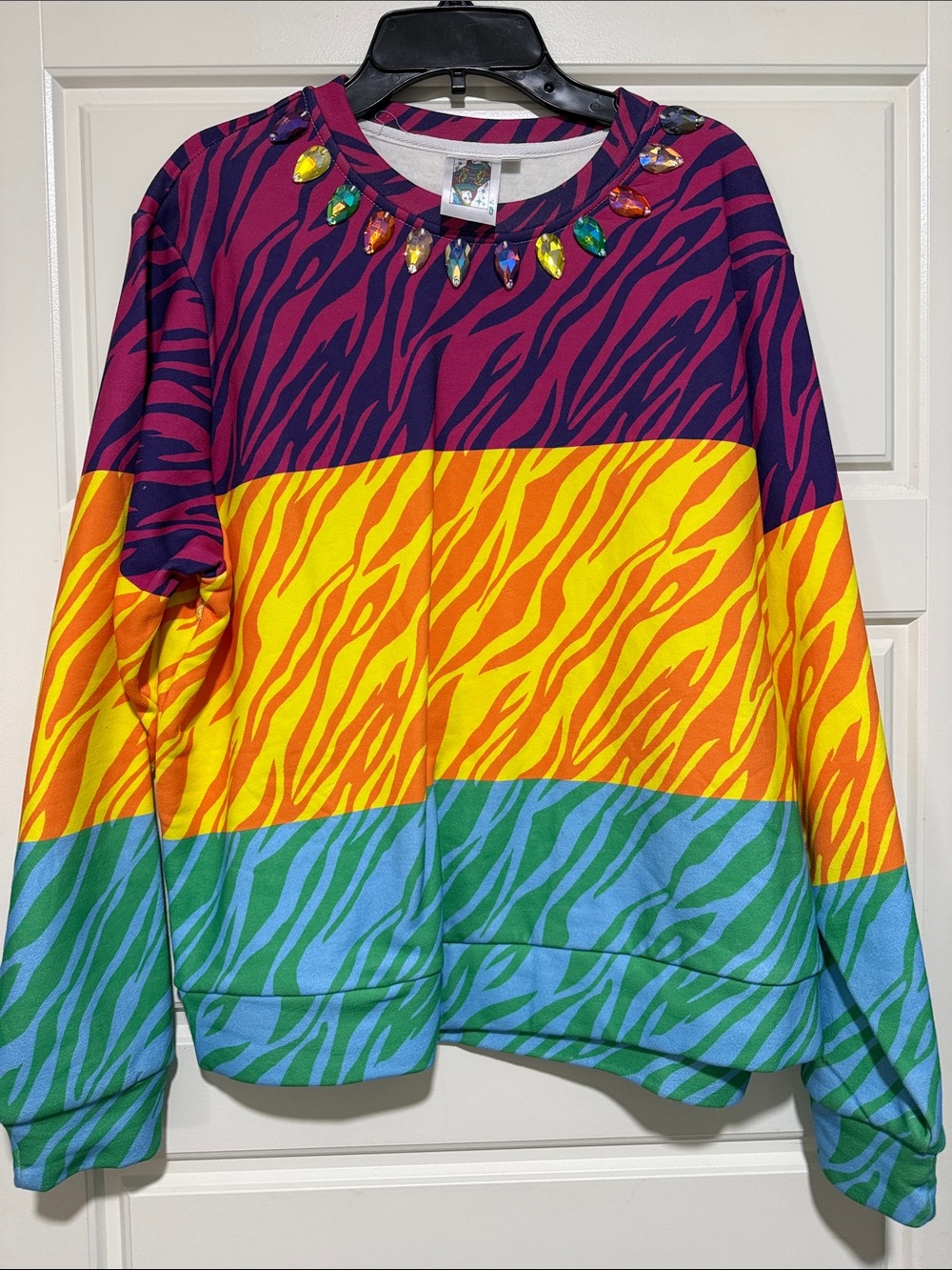 QUEEN OF SPARKLES Multi-Color Zebra tiger Stripe Jewel-Trim Sweatshirt